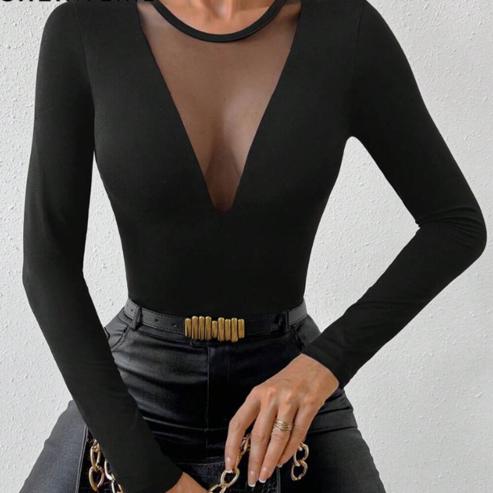 Long-Sleeve Mesh Deep V Top
